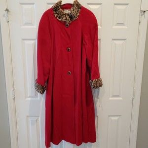 Vintage Mario De Pinto  Button-Up Wool Coat Animal Print Collar Womens Sz 4B Red